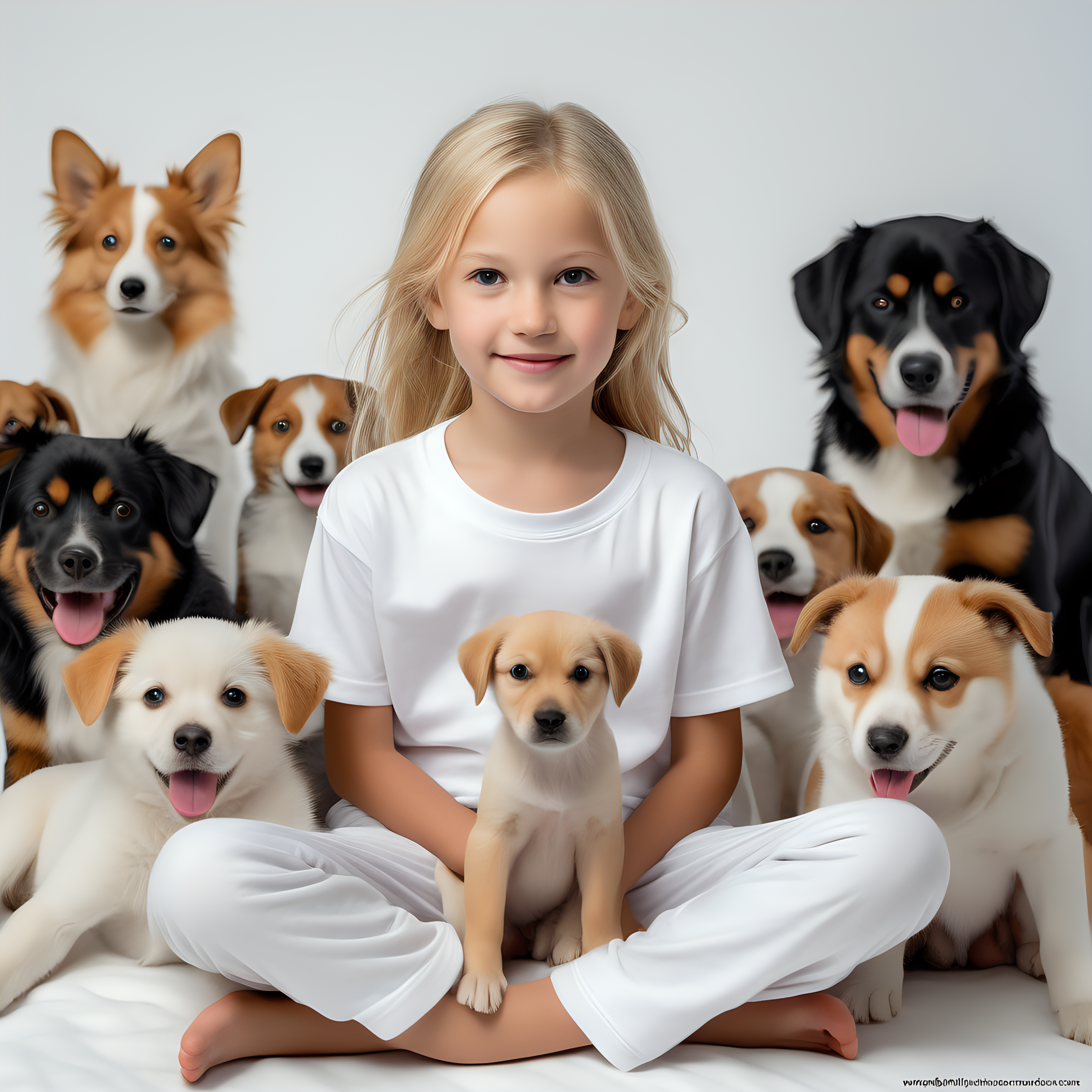“Perfect Facial Features photo of a blonde 8 year old girl sitting playing with a dog in  white cotton tshirt pyjama with no print, long  tight cuff sleeves, loose long pants) ,surrounded by many different dogs, no background, hyper realistic, ideal face template, HD, happy, Fujifilm X-T3, 1/1250sec at f/2.8, ISO 160, 84mm”
