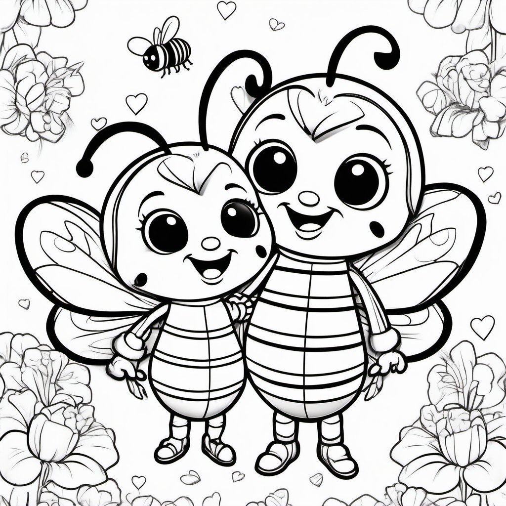 super Adorable little bees line art coloring book page, valentine hearts, black and white, sweet smile, character full body, so cute, excited, big bright eyes, shiny and fluffy,
fairytale, energetic, playful, incredibly high detail, 16k, octane rendering, gorgeous, ultra wide angle.