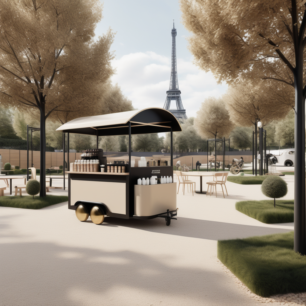 hyperrealistic modern Parisian park with coffee cart and playground; beige, oak, brass and black colour palette

