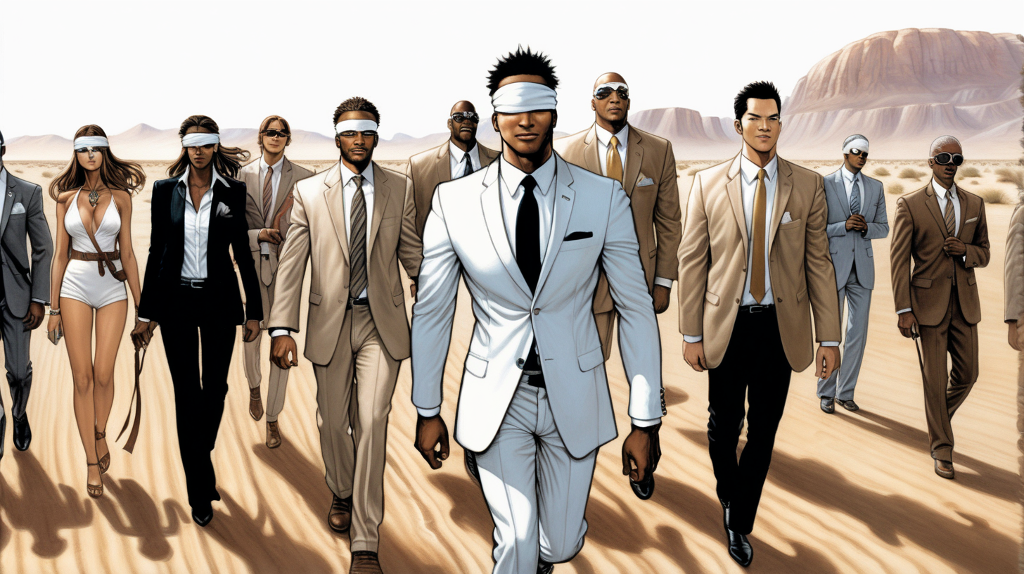 a blindfolded  man with a smile leading a group of gorgeous and ethereal white and black mixed men & women with earthy skin, walking in a desert with his colleagues, in full American suit, followed by a group of people in the art style of IN-HYUK LEE comic book drawing, illustration, rule of thirds