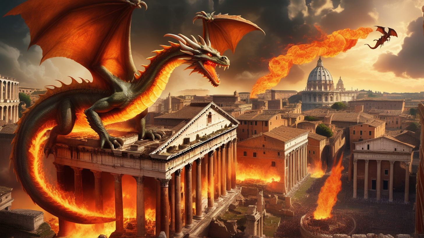 Fire breathing dragons hovering over ancient Rome in ruins

