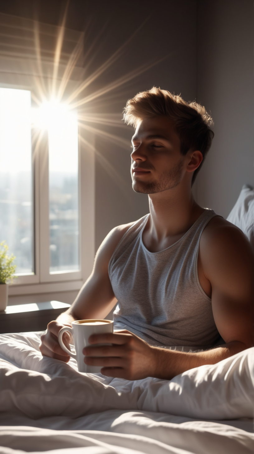 young man having his morning coffee in bed with the sun shining through the window 4k
