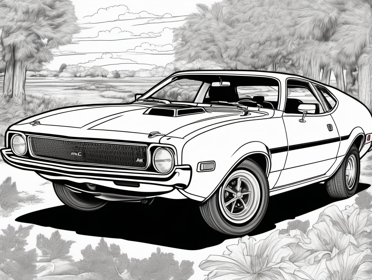 coloring page for adults, classic American automobile, 1971 AMC Javelin, clean line art, high detail, no shade