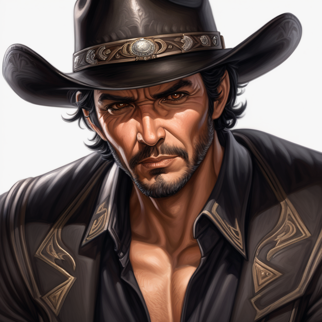 black cowboy hat, black hair, very short hair, brown eyes, Latin, male, western, mature, semi realism, older male, evil, short beard