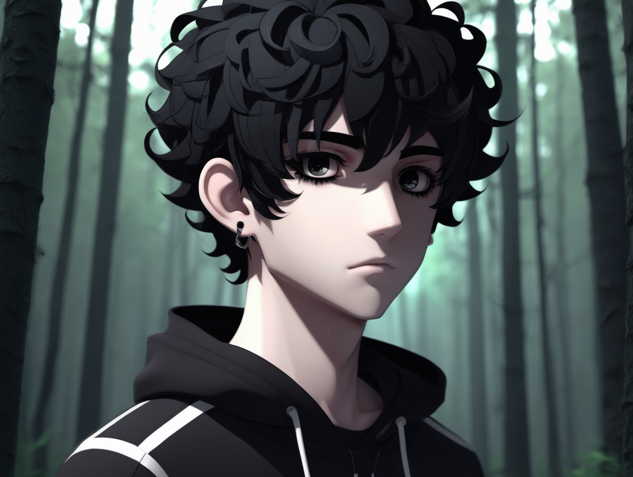 3d, anime, male, short black curly hair, black gauge earrings, thick black eyebrows, black eyes, emo, forest low light