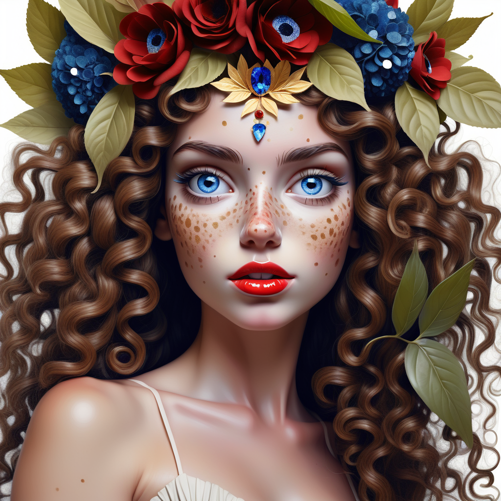wall art painting of a beautiful american woman, flower crown, she is half made of flowers, deep blue crystal eyes glittering, open curly hair, red glossy lips, freckles on face, high texture, photorealistic, pro photo, crawler leaves around her face and head, detailed skin, super close up of half face and one eye, golden spots on face