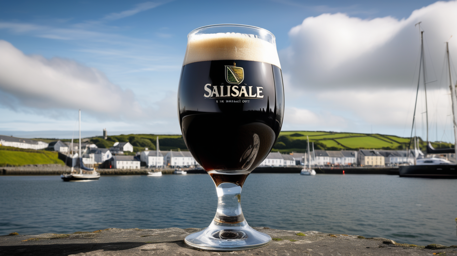 irish stout beer in glass without a logo with an Kinsale harbor in the background with sailboats
