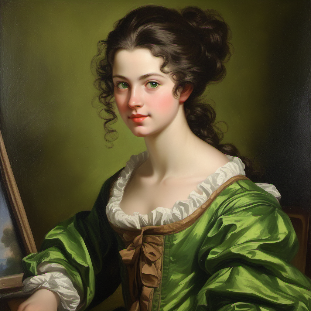 18th century beautiful female painter straight dark brown hair green eyes