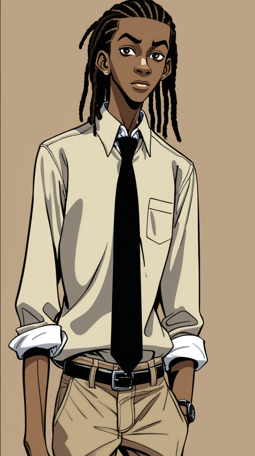 
comic-style 16-year-old black Jamaican teen boy who is tall, and thin with short dreadlocks wearing a khaki-colored button-up shirt with a tie and khaki-colored pants standing up. make background plain
