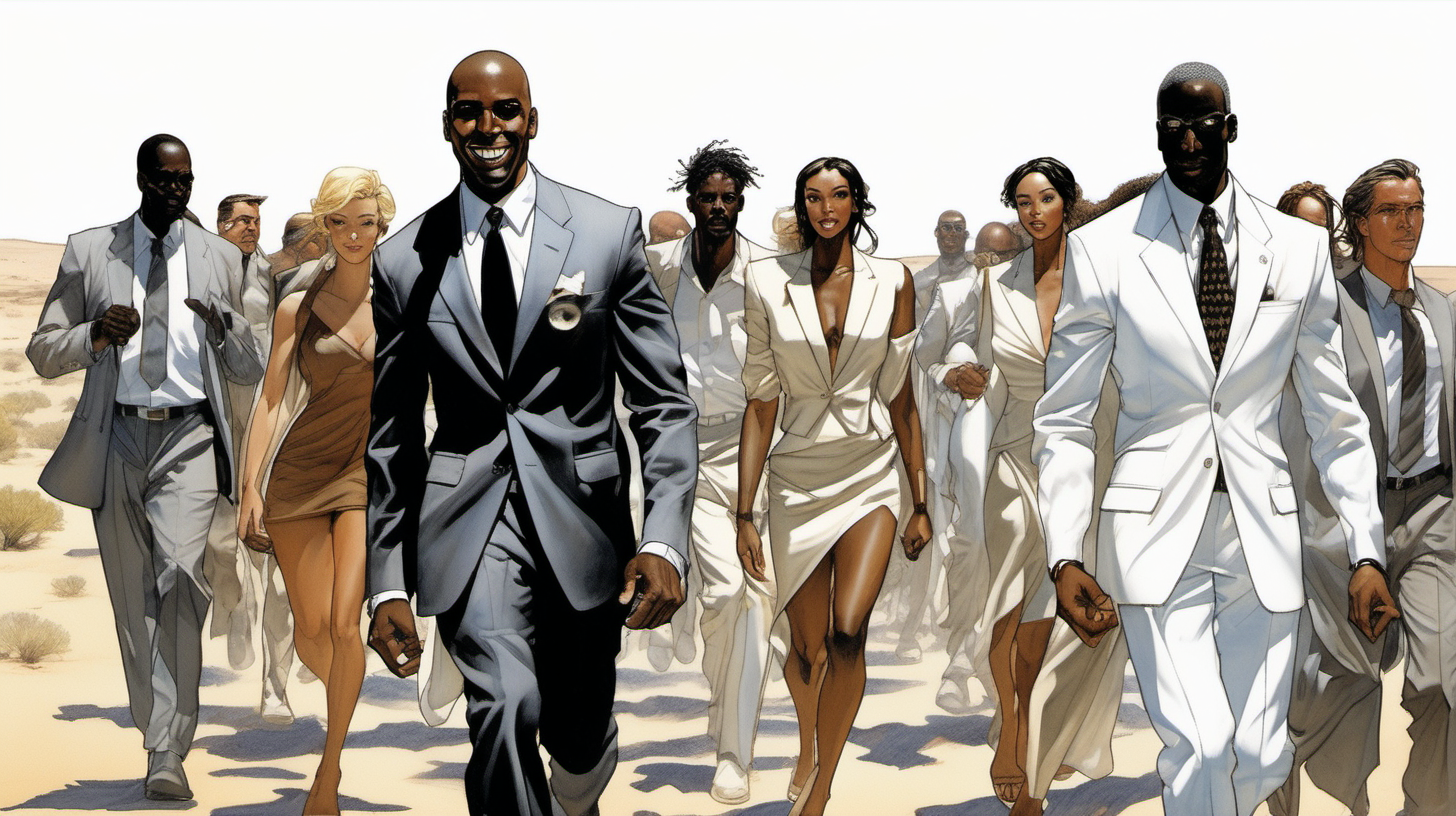 a black man with a smile leading a group of gorgeous and ethereal white,spanish, & black mixed men & women with earthy skin, walking in a desert with his colleagues, in full American suit, followed by a group of people in the art style of Hajime Sorayama comic book drawing, illustration, rule of thirds