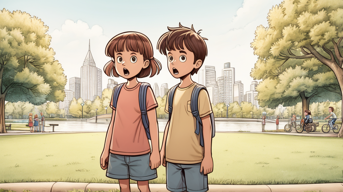 cartoon one boy and one girl amazed standing in a city park. Make sure there are only two people in the image.