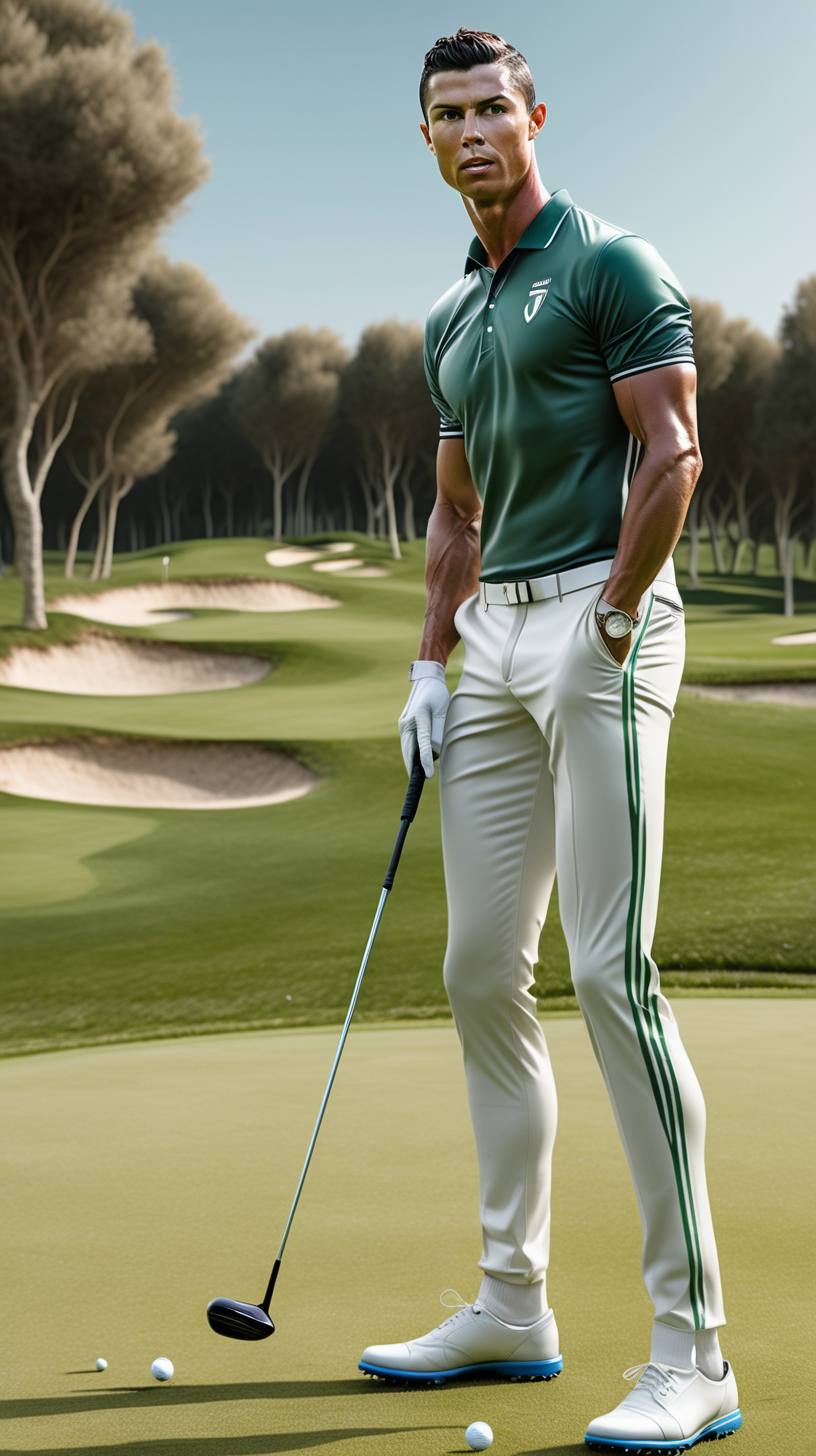 Full body, Cristiano Ronaldo is playing golf, golf course with fans background, realistic, ar 2: 1 --v 5