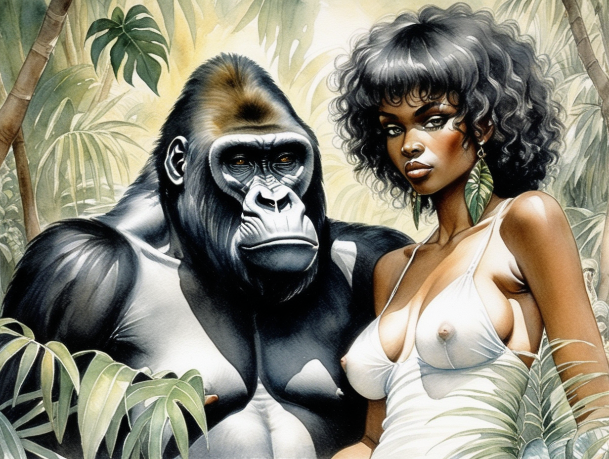 Escena selvatica erotica con mujer negra azabache y gorila blanco, Milo Manara,acuarela