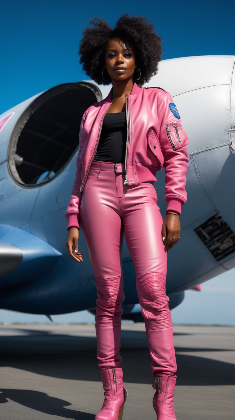 Beautiful Black woman, beautiful body, wearing a leather, full body, Blue, flight suit, wearing a pink, leather bomber, standing on an air carrier, 4k, high definition, high resolution