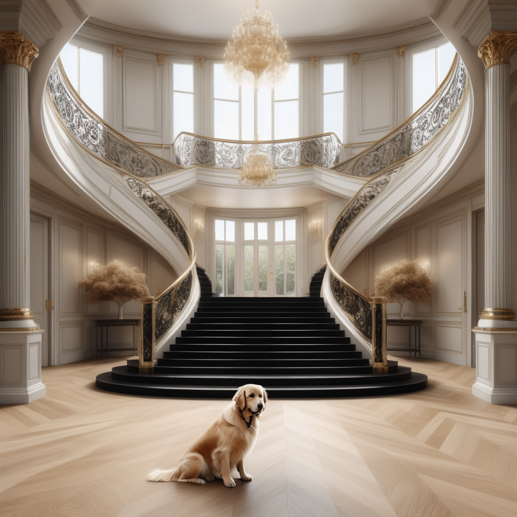 a hyperrealistic image of a grand modern Parisian entrance foyer with curved staircase; floor to ceiling windows; beige, oak, brass and black colour palette; Oak floor; golden retriever dogs