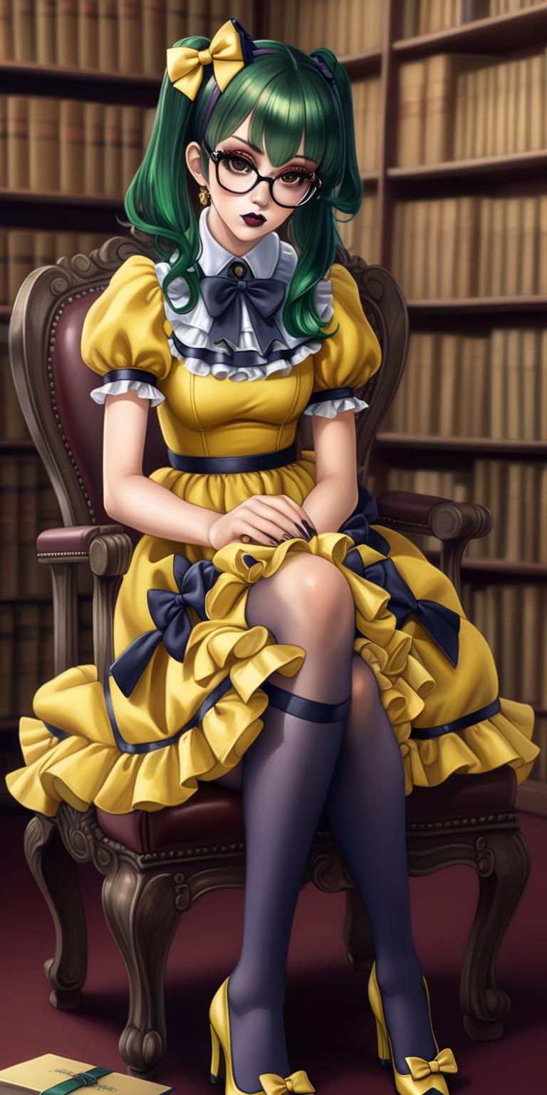 Anime woman with dark green hair and large lips with dark lipstick and heavy makeup wearing a frilly yellow dress, stockings, heeled mary jane shoes, lots of bows and ribbons, wearing glasses.  sitting in a library. Vacant expression. 