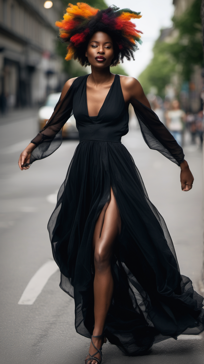 A beautiful young dark skin black woman in colorful flowing clothes dancing playfully in the street with long beautiful cascading hair, full lips in a sexy smile