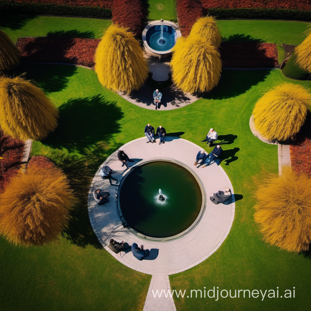 annold men sitting on a bench in a park,  a round pond with a fountain, drone view
 
