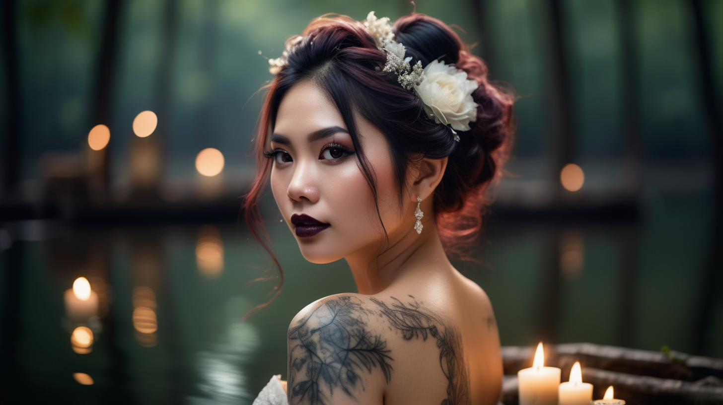 Beautiful Vietnamese woman, body tattoos, dark eye shadow, dark lipstick, hair in a messy updo, wearing a gorgeous wedding dress, bokeh background, soft light on face, swiming in a lake in front of elaborate candlelit forest wedding, photorealistic, very high detail,  extra wide photo