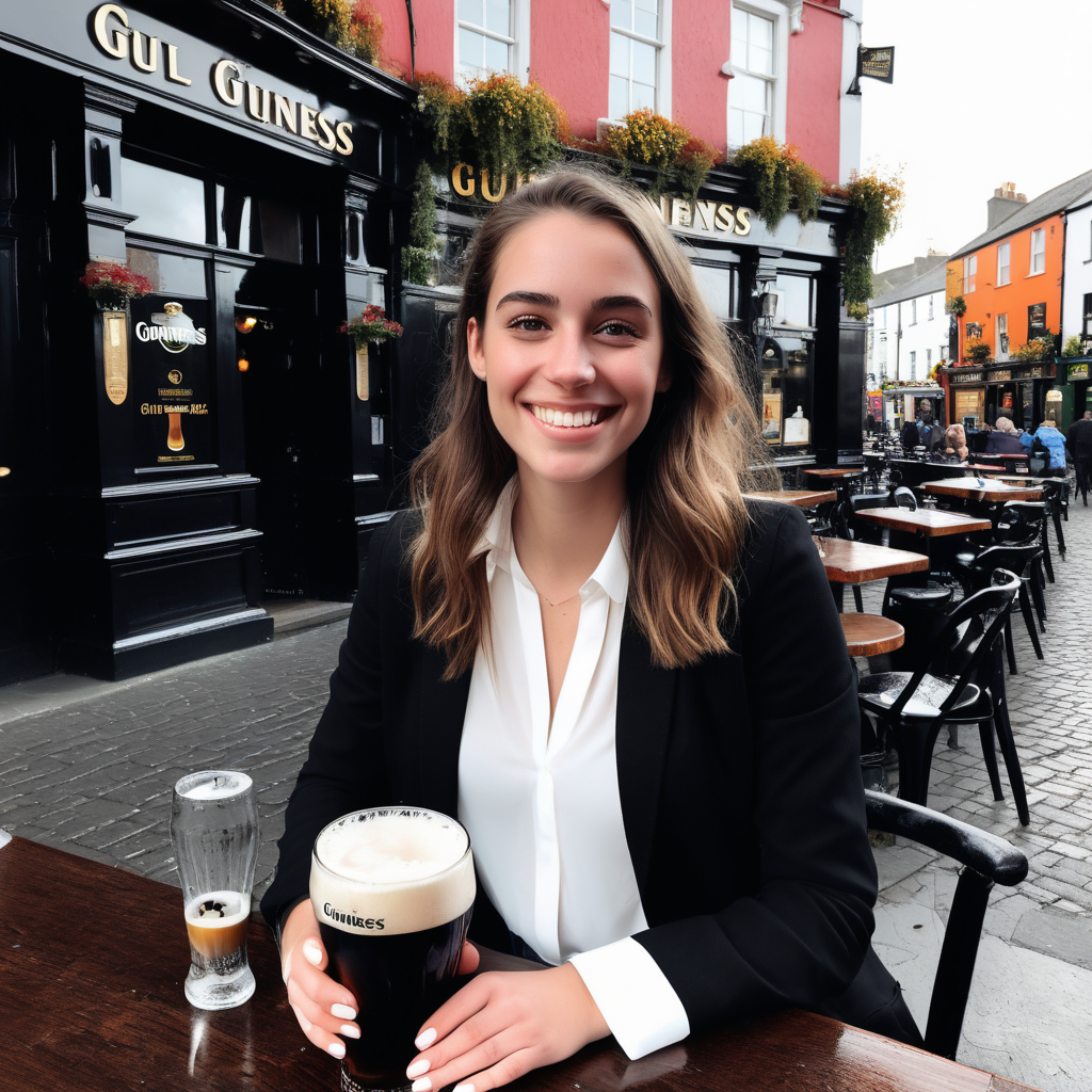 A smiling Emily Feld dressed in a long, white blouse and jeans, with a black jacket sitting at a table outside a pub in Templebar, Dublin drinking a pint of guiness