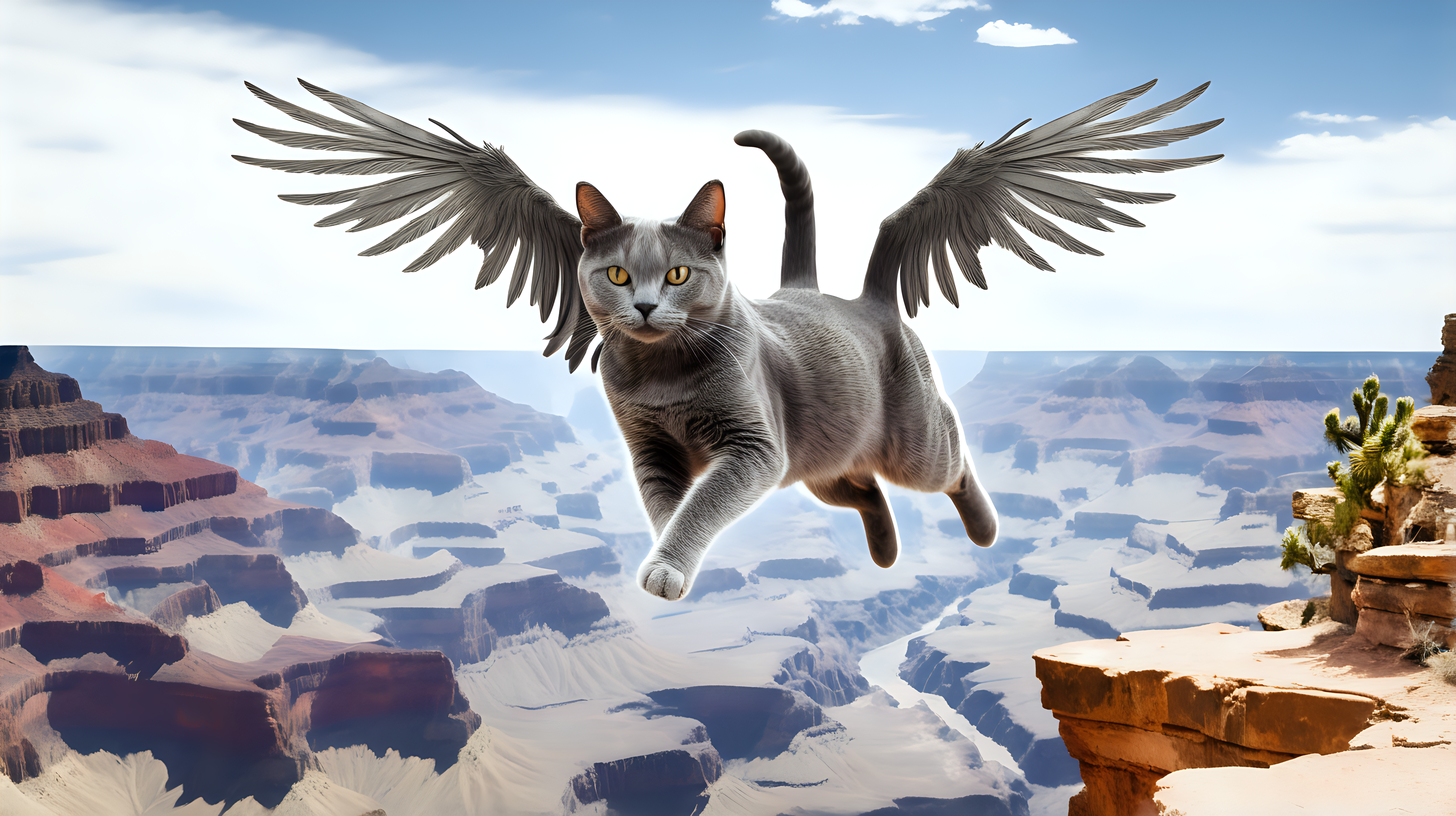 gray cat with wings jumping over grand canyon