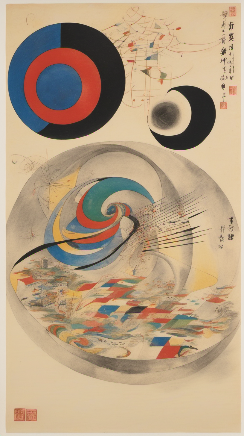 chinese gongbi drawing, with traversable wormhole, other worldly scenery, Wassily Kandinsky, sublime, stars, collection of 3