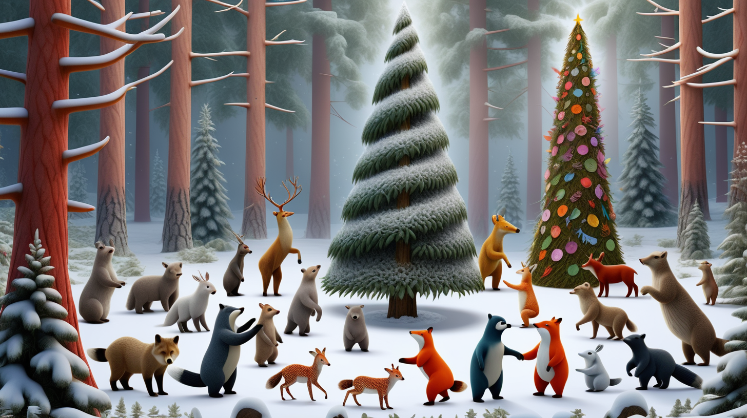 В лесу зима, деревья покрыты пушистым белым снегом,  стоит одна высокая и нарядная елка в середине круга, вокруг нее  взялись за руки и танцуют 30 разноцветных  диких зверей