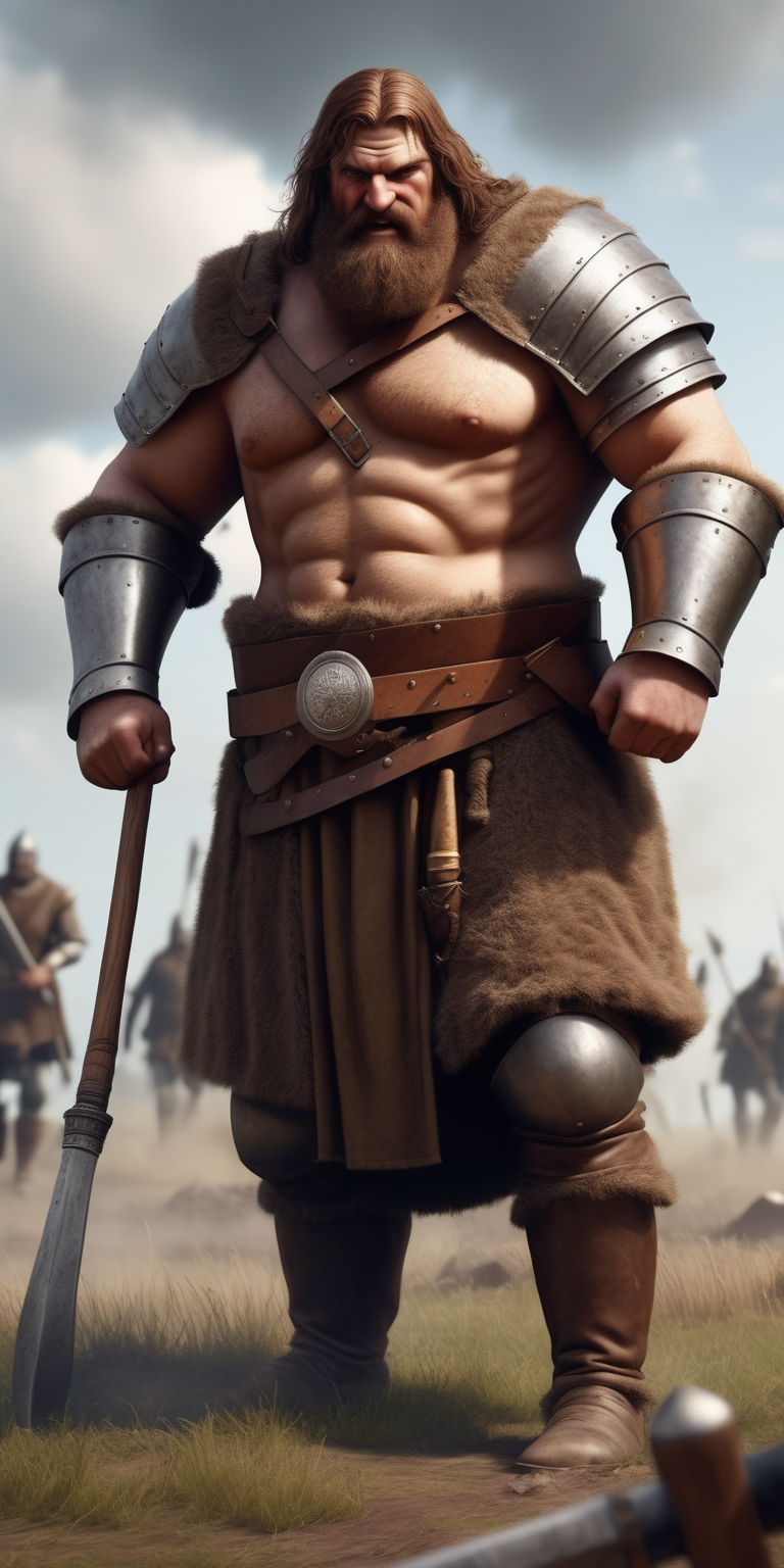 Realistic medieval brown haired big Giant on battlefield