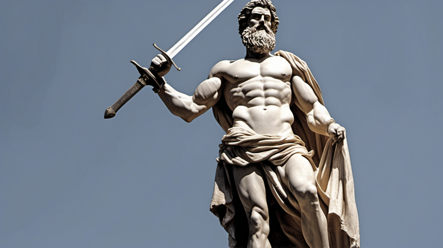 ﻿
Image of a full-body statue depicting a muscular, bearded man with sword. The statue should be in the style of ancient Greek art, characteristic of Stoicism. It should feature clothing elegantly draped over one shoulder. The background should be dark, highlighting the statue as the central element. The statue must demonstrate exceptional
craftsmanship, with intricate details visible in the facial features and attire. The image should have a dramatic feel, achieved through the interplay of light and shadow. The perspective should be a wide shot.