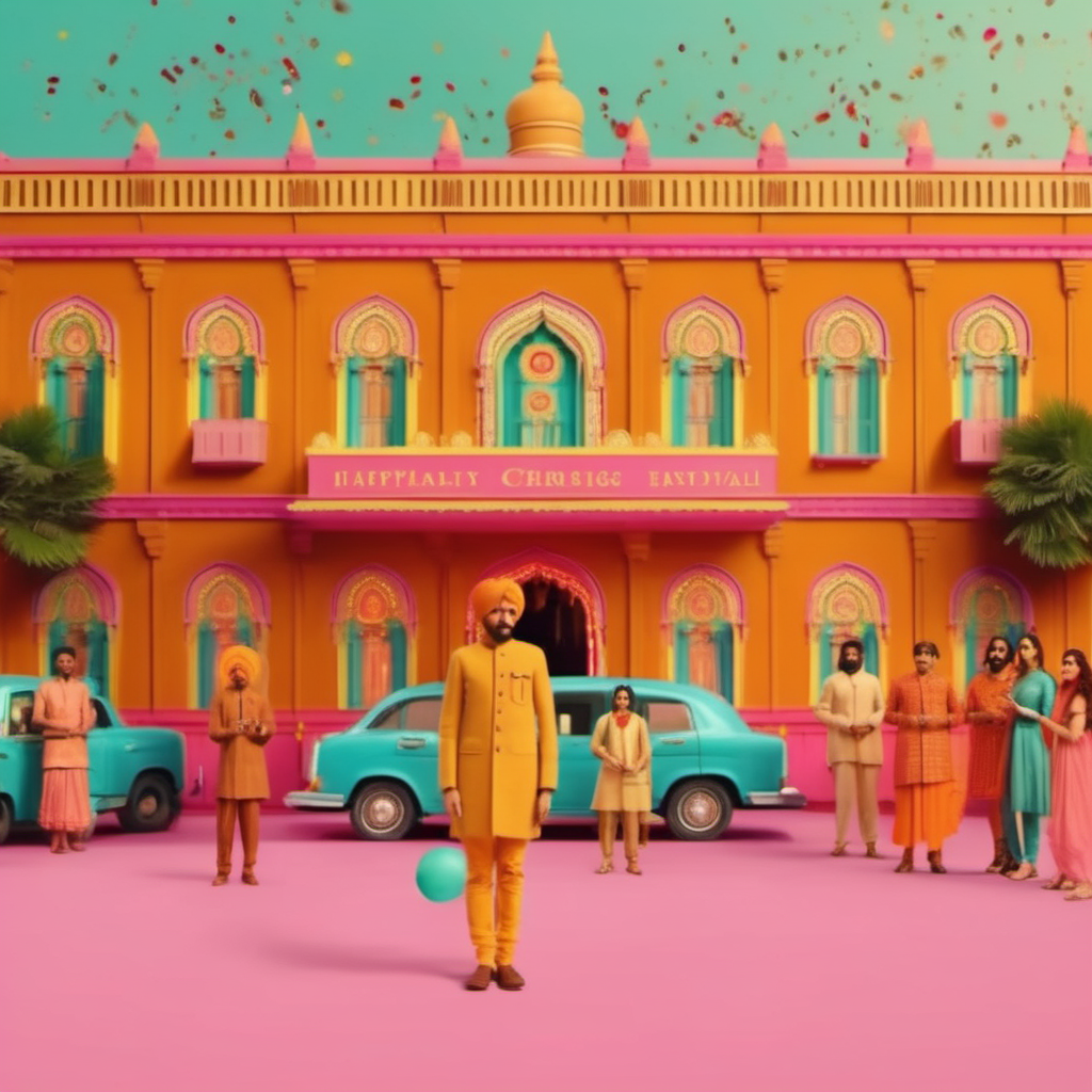 Anticipation of the upcoming festival season with Diwali, Christmas and birthdays full of celebration, Wes Anderson cinematic setting