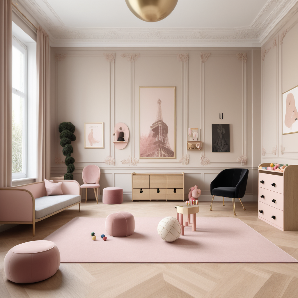 A hyperrealistic image of a palatial modern Parisian Montessori-inspired play room in a beige oak brass colour palette with accents of black and dusty rose
