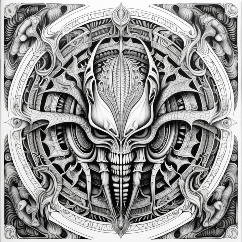 adult coloring book, black & white, clear lines, detailed, symmetrical mandala, in style of H.R Giger