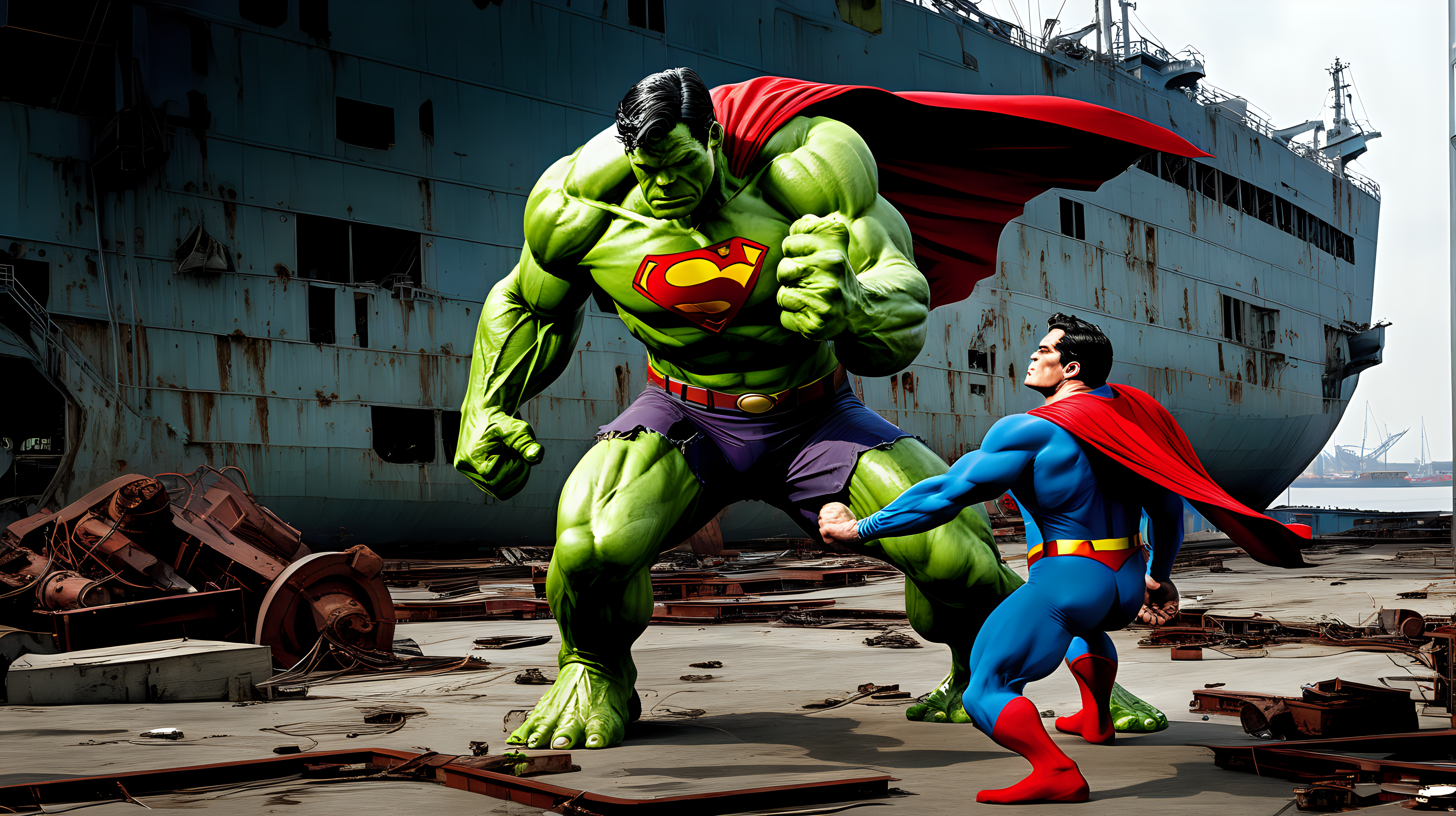 Superman fights the hulk in an abandon shipyard
