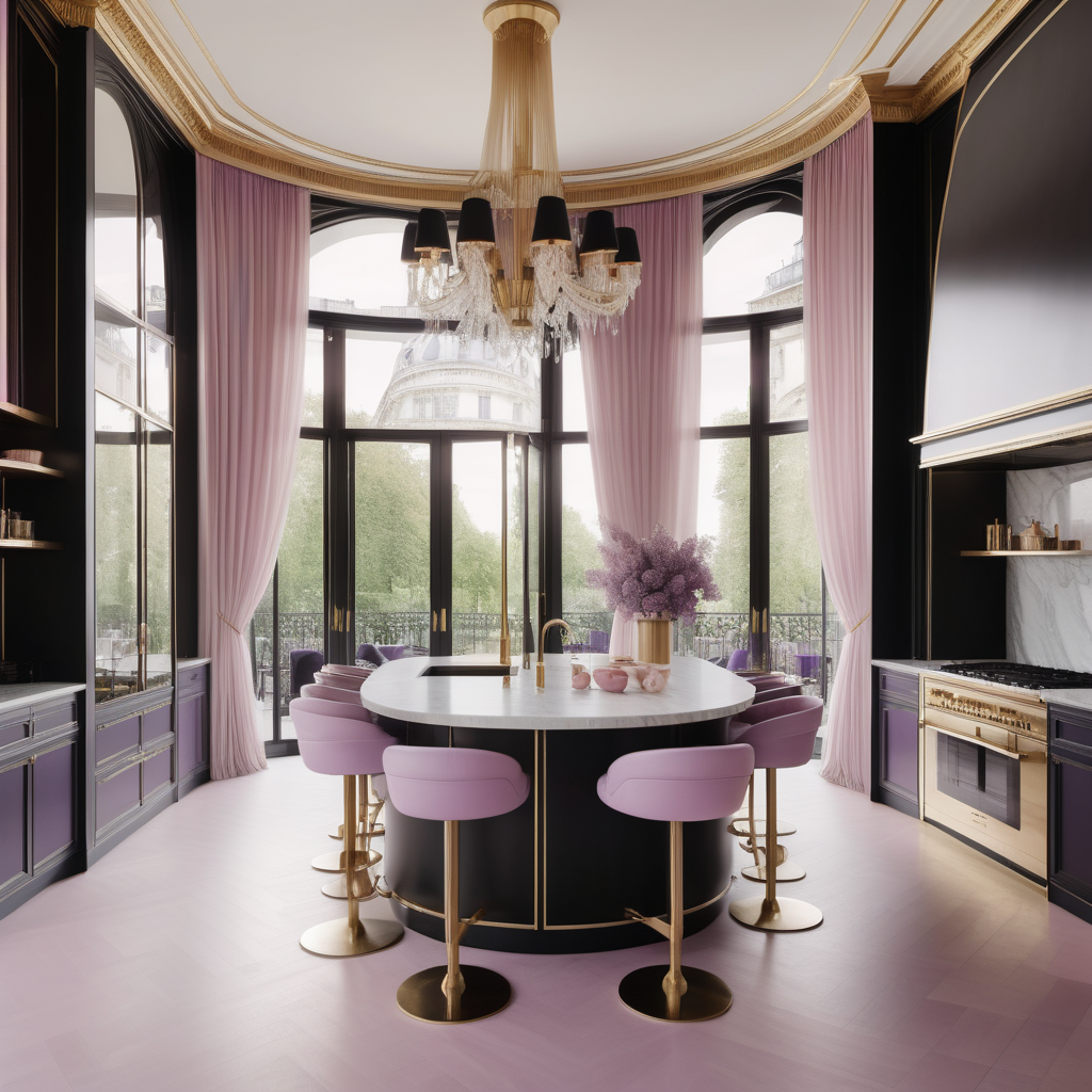 hyperrealistic image of large modern Parisian kitchen with island, floor to ceiling windows, curves, black, ivory, pink, lilac and brass colour palette, brass chandelier, sheer curtains