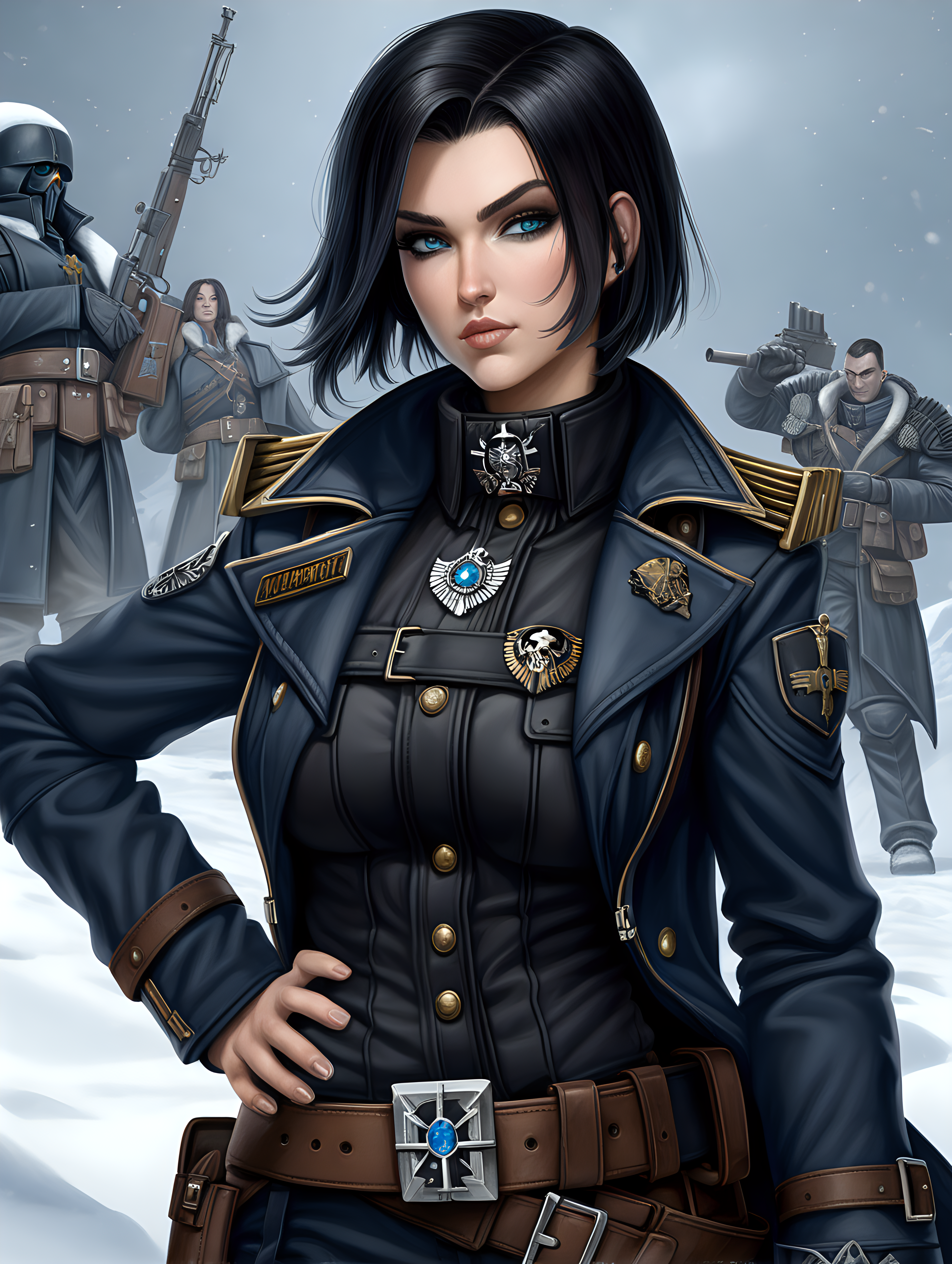 Warhammer 40K young busty Commissar woman. She has an hourglass shape. She has raven black hair. She has a very short hair style similar to what Maya, from Borderlands 2, has. Dark black uniform. Dark brown belt has a lot of pouches, grenades, and a black holster attached. Dark brown bandolier around waist. Her dark black uniform jacket fits perfectly and is closed up. She has a lot of eye shadow. Background scene is snowy trench line. She has icy blue eyes. Her uniform has some Norse runes on the collar and epaulettes. She is wearing warm clothes.