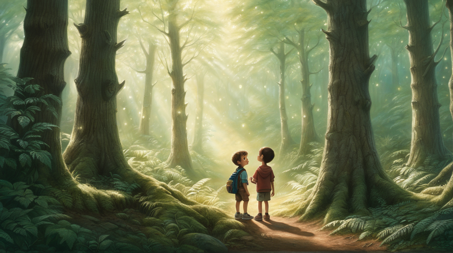 one boy and one girl looking amazed in a magical forest. Remove one boy from the previous generation.