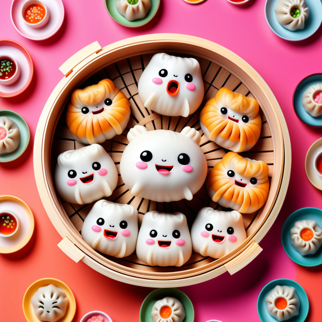 cute dimsum in center with a blast of colours on background and dimsum with no faces
