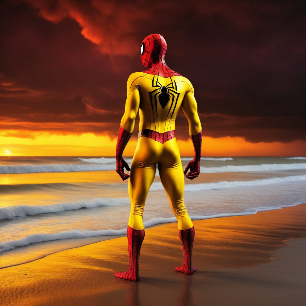 Yellow Spiderman. standing on the beach, watching the sunset. Dark Red clouds.