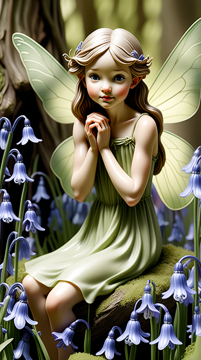 Create a fairy nestled among bluebells, embodying the enchanting and lifelike qualities found in Cicely Mary Barker's iconic flower fairy illustrations.