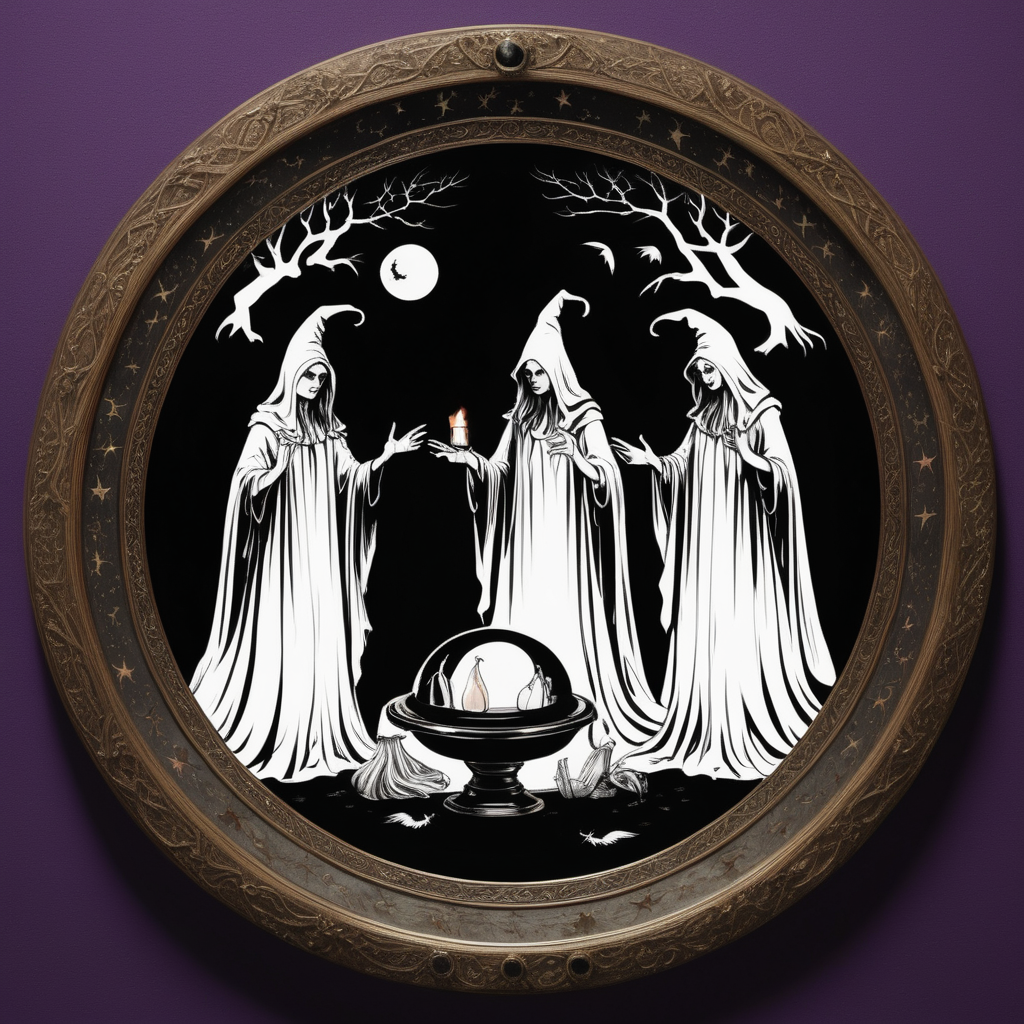 Scrying mirror surrounded by three witches