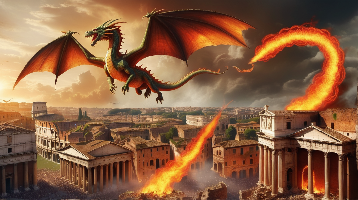 Fire breathing dragons hovering over ancient Rome in