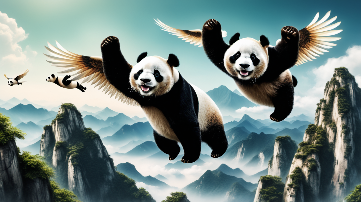 2 pandas with wing flying over a mountain