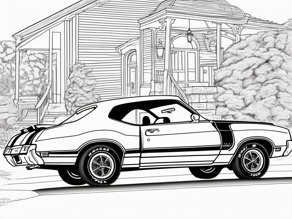 coloring page, classic American automobile,1970 Oldsmobile 442, clean line art, no shade