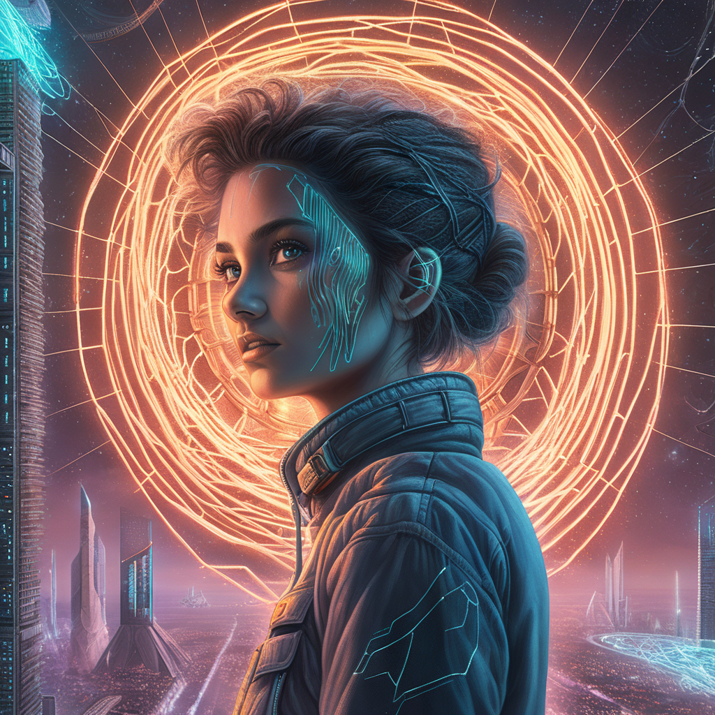 book cover design for a sci-fi story a young woman who can twist glowing threads of fate standing in a dystopian world based on 1984