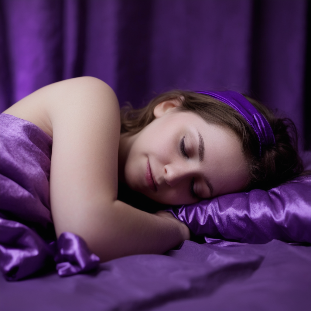 Create me an image of someone sleeping with headphone headbands and make the scene darkish purple themed