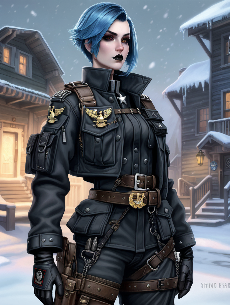 Warhammer 40K young Commissar woman. She has an hourglass shape. She has a short hairstyle that is eyebrow length haircut, that is similar to Maya's hairstyle, from Borderlands 2. Black belt has a lot of pouches. Black bandolier around her hips. Her dark black colored uniform jacket fits perfectly. She has faded light black goth style makeup. Her jacket has Gold USMC emblems and gold colonel eagle rank insignias. All of her clothes are warm. She has faded matte black lipstick. She has ghost pale skin. She has raven black colored hair with icy blue hair tips. She is wearing a combat rig with a lot of pouches and shoulder straps. Background scene is a Nordic village in a snowing blizzard. She wears bandolier along with her belt. Her uniform jacket is fully buttoned up. Her uniform jacket completely covers her torso, no skin is visible bellow the collar. She has icy blue colored eyes. Her uniform is very similar to the USMC officer dress dark black uniform.