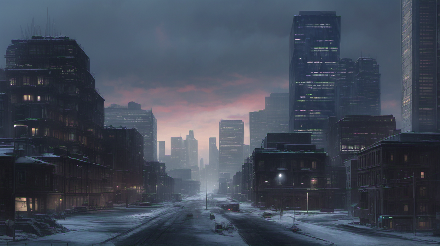 A deserted large city in winter at dusk, at ground level, skyscrapers all around, a cloudy sky, a street stretching into the distance.
