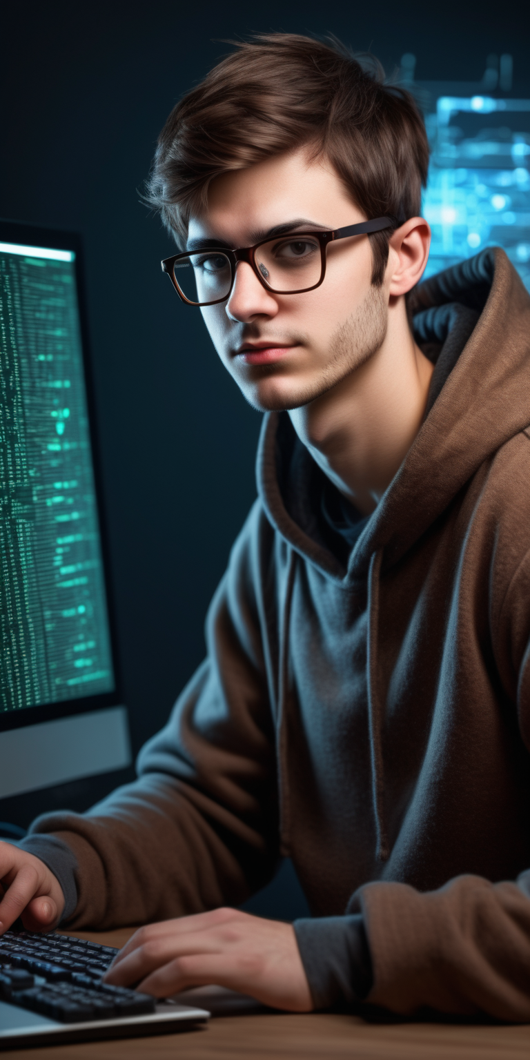 Realistic short brown haired nerdy male hacker with glasses sat at a computer