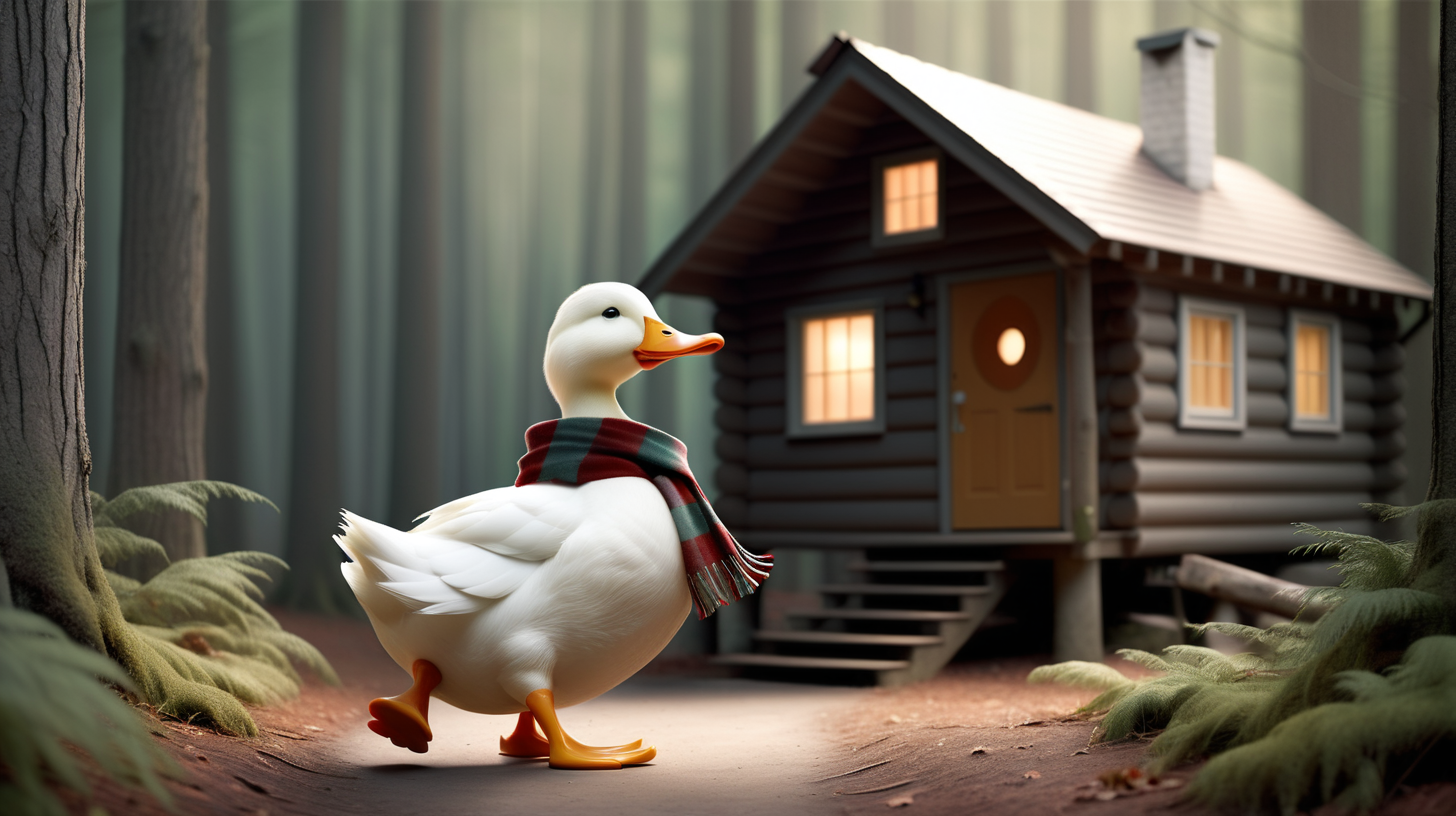 A white duck with a scarf walking into a cabin in the mysterious woods.
