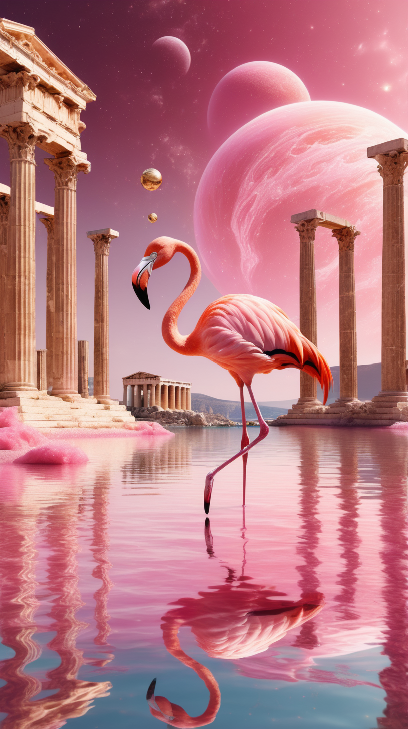 a pink and gold flamingo in the water